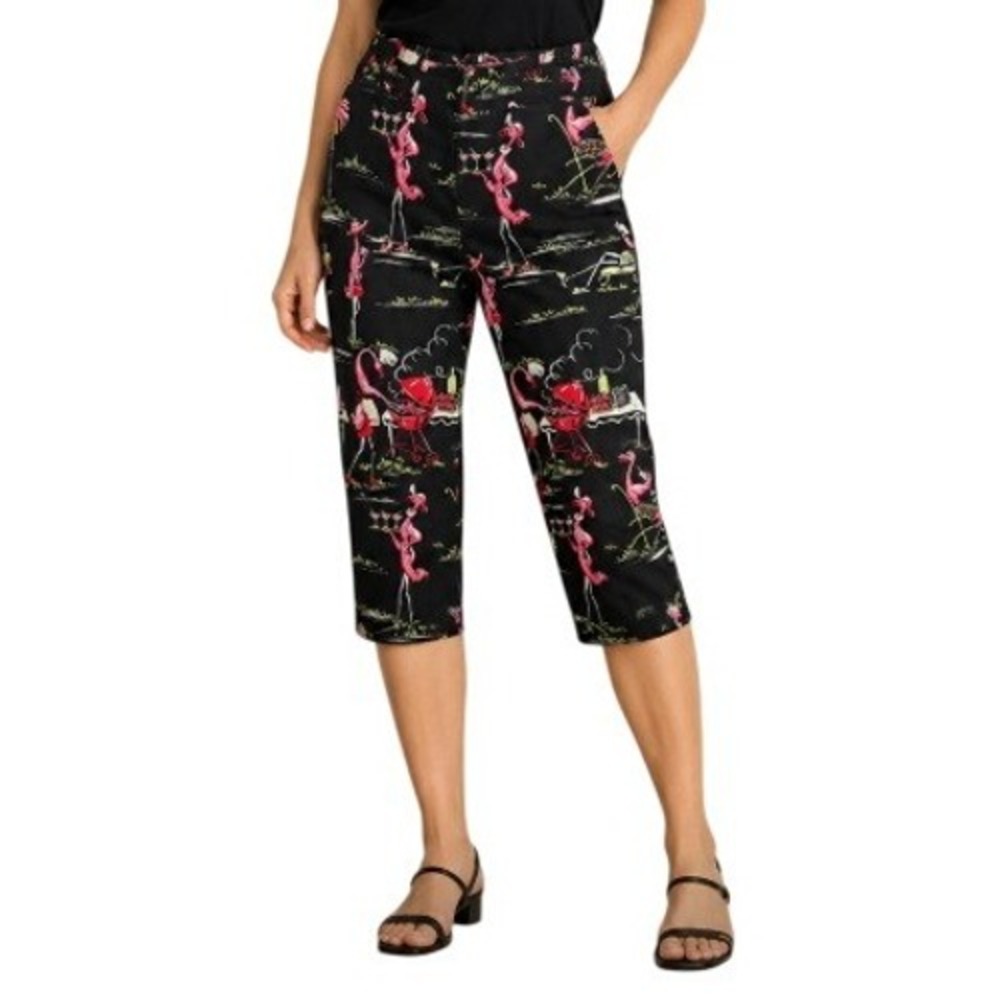 ITW Claude Brown Capri Pants Size 8 Black‎ Pink Flamingo Novelty Crop Pants Y2K